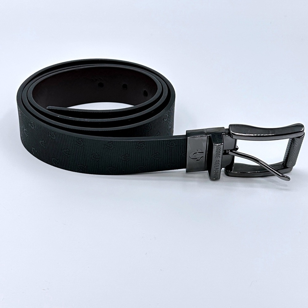 True Religion Mens Lumin II Reversible Belt Black Brown Embossed Logo Size 44